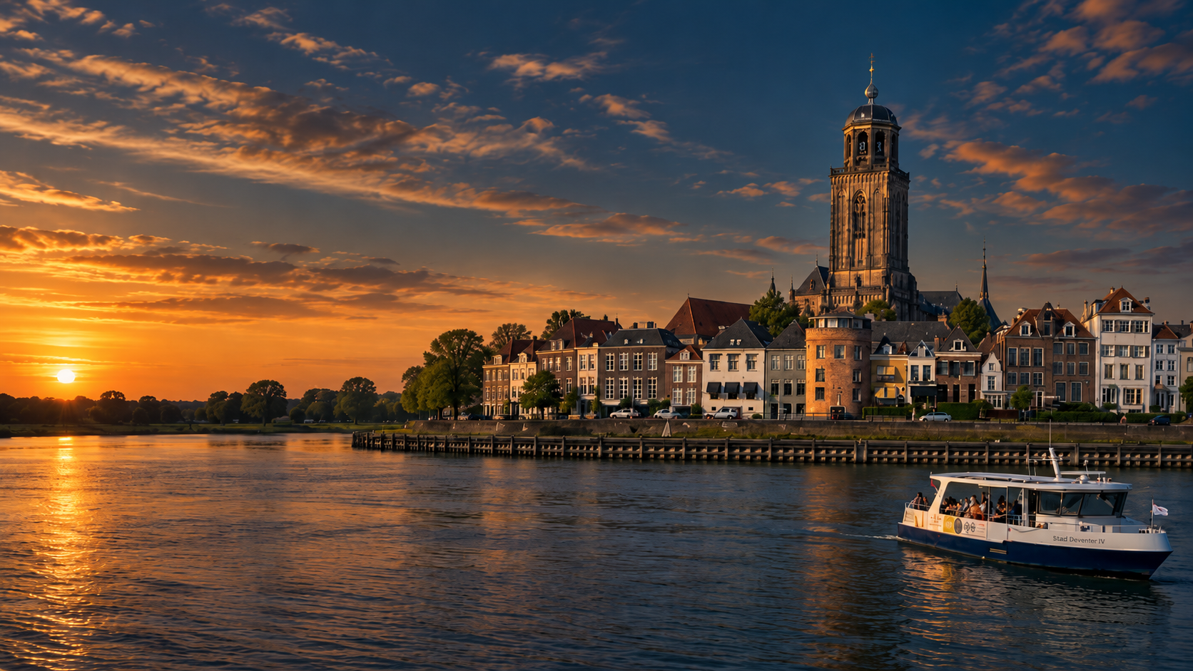 De Lebuïnuskerk en de skyline van Deventer aan de IJssel bij zonsondergang.